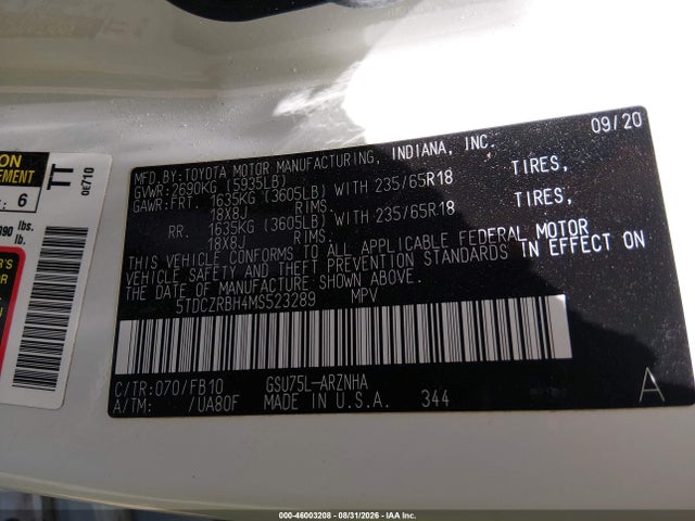 Aukcja sprzedaży 2021 Toyota Highlander L, vin: 5TDCZRBH4MS523289, numer aukcji: 46003208