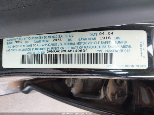 2004 Volkswagen Jetta Gl მანქანა იყიდება აუქციონზე, vin: 3VWRA69M84M140634, აუქციონის ნომერი: 46003211