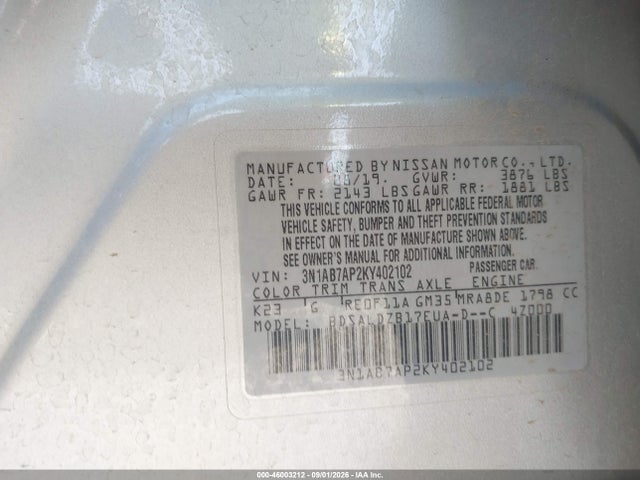 Aukcja sprzedaży 2019 Nissan Sentra Sv, vin: 3N1AB7AP2KY402102, numer aukcji: 46003212