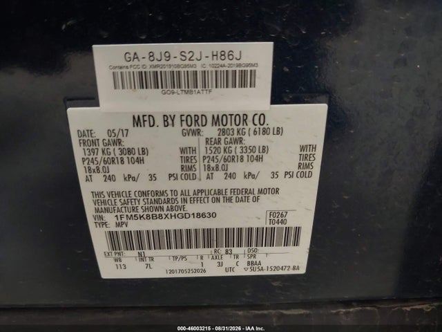 Продаж на аукціоні авто 2017 Ford Explorer, vin: 1FM5K8B8XHGD18630, номер лоту: 46003215