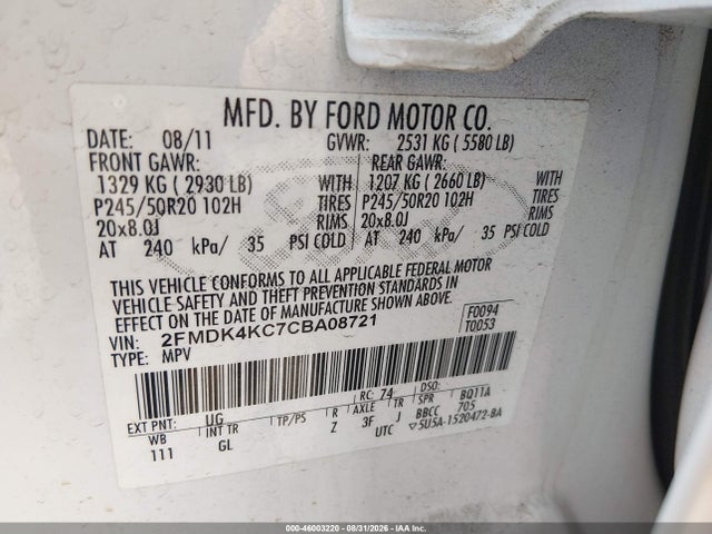 46003220 :رقم المزاد ، 2FMDK4KC7CBA08721 vin ، 2012 Ford Edge Limited مزاد بيع