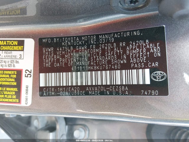 2019 Toyota Camry Se მანქანა იყიდება აუქციონზე, vin: 4T1B11HK8KU767460, აუქციონის ნომერი: 46003236