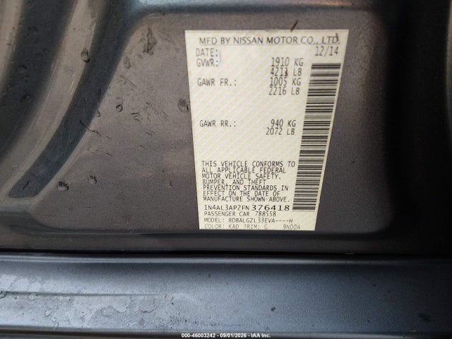 46003242 :رقم المزاد ، 1N4AL3AP2FN376418 vin ، 2015 Nissan Altima 2.5 S مزاد بيع
