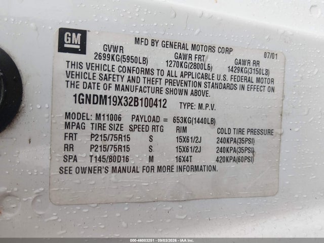 Aukcja sprzedaży 2002 Chevrolet Astro Ls, vin: 1GNDM19X32B100412, numer aukcji: 46003251