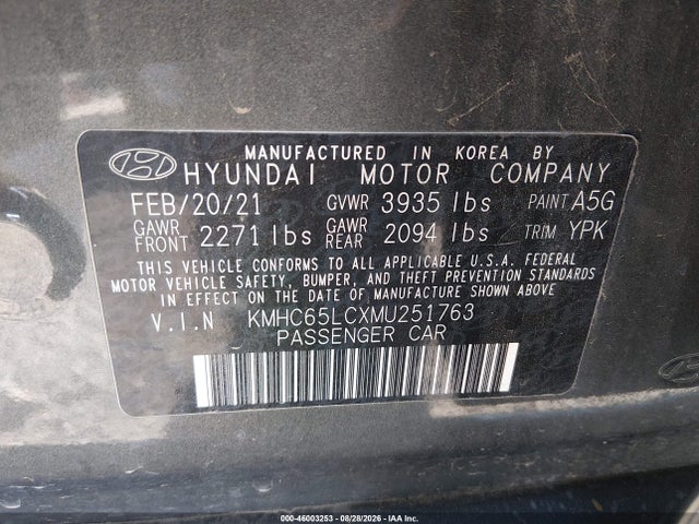 Aukcja sprzedaży 2021 Hyundai Ioniq Hybrid Blue, vin: KMHC65LCXMU251763, numer aukcji: 46003253