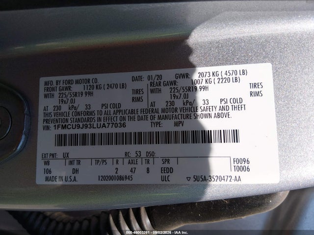 2020 Ford Escape Titanium მანქანა იყიდება აუქციონზე, vin: 1FMCU9J93LUA77036, აუქციონის ნომერი: 46003261