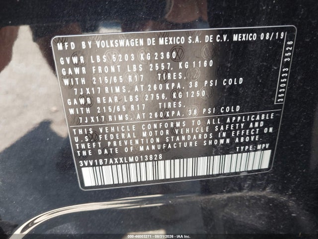 2020 Volkswagen Tiguan 2.0t S მანქანა იყიდება აუქციონზე, vin: 3VV1B7AXXLM013828, აუქციონის ნომერი: 46003271