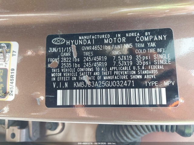 46003276 :رقم المزاد ، KM8J33A25GU032471 vin ، 2016 Hyundai Tucson Limited مزاد بيع