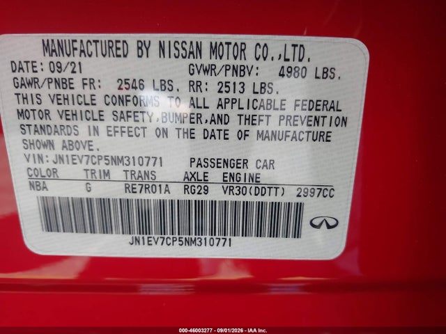 Продажа на аукционе авто 2022 Infiniti Q50 Sensory, vin: JN1EV7CP5NM310771, номер лота: 46003277