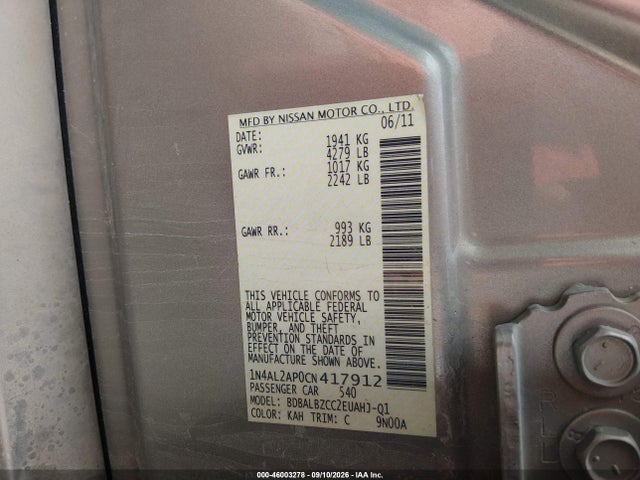 2012 Nissan Altima 2.5 S მანქანა იყიდება აუქციონზე, vin: 1N4AL2AP0CN417912, აუქციონის ნომერი: 46003278