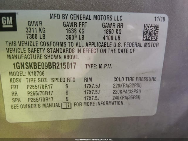 Aukcja sprzedaży 2011 Chevrolet Tahoe Lt, vin: 1GNSKBE09BR215017, numer aukcji: 46003285