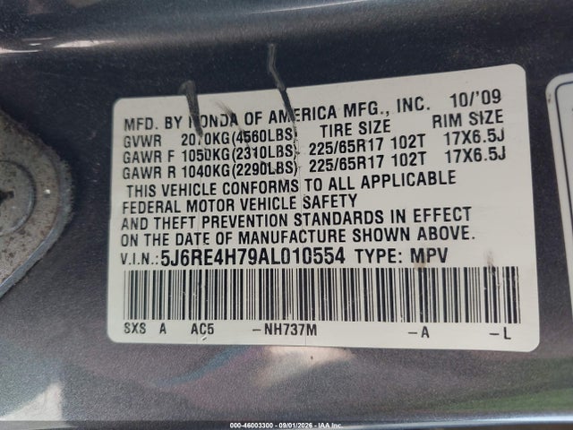 Продажа на аукционе авто 2010 Honda Cr-v Ex-l, vin: 5J6RE4H79AL010554, номер лота: 46003300