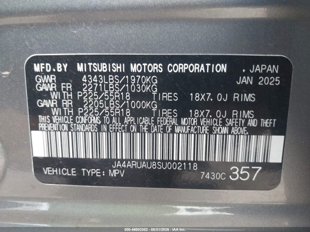 2025 Mitsubishi Outlander Sport 2.0 Es Awc/2.0 Le Awc/2.0 S Awc/2.0 Se Awc/2.0 Trail Edition Awc მანქანა იყიდება აუქციონზე, vin: JA4ARUAU8SU002118, აუქციონის ნომერი: 46003302