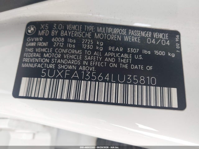 46003305 :رقم المزاد ، 5UXFA13564LU35810 vin ، 2004 Bmw X5 3.0i مزاد بيع