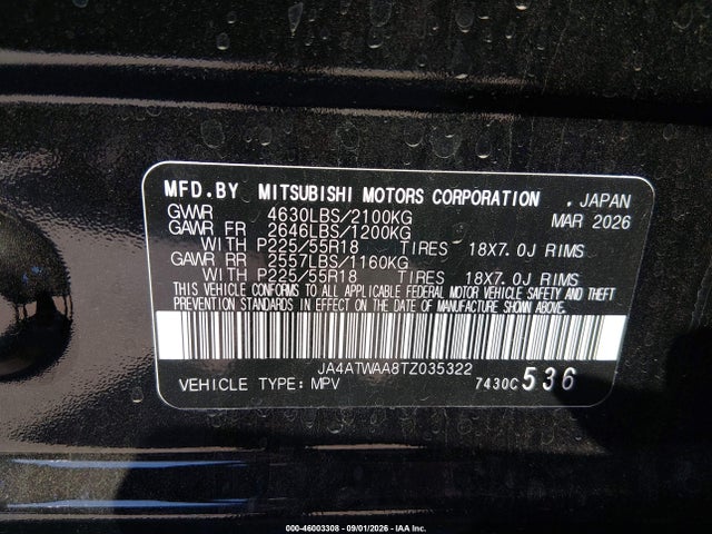 46003308 :رقم المزاد ، JA4ATWAA8TZ035322 vin ، 2026 Mitsubishi Eclipse Cross Black Edition S-awc/se S-awc/sel مزاد بيع