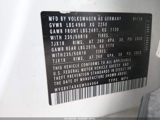 Aukcja sprzedaży 2016 Volkswagen Tiguan Se, vin: WVGBV7AX4GW584064, numer aukcji: 46003309