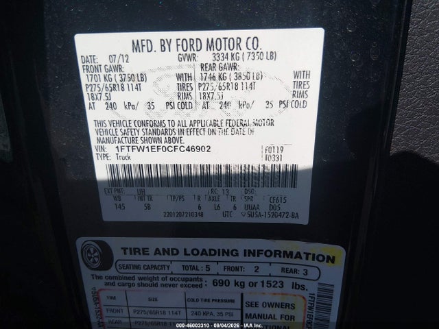 Aukcja sprzedaży 2012 Ford F-150 Fx4, vin: 1FTFW1EF0CFC46902, numer aukcji: 46003310