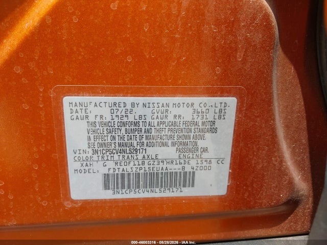 Продаж на аукціоні авто 2022 Nissan Kicks Sv Xtronic Cvt, vin: 3N1CP5CV4NL529171, номер лоту: 46003316