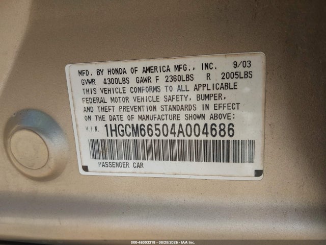 46003318 :رقم المزاد ، 1HGCM66504A004686 vin ، 2004 Honda Accord 3.0 Ex مزاد بيع
