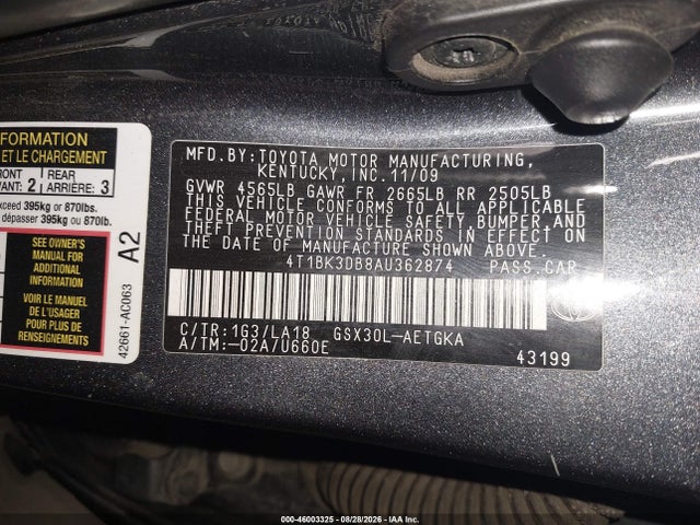 46003325 :رقم المزاد ، 4T1BK3DB8AU362874 vin ، 2010 Toyota Avalon Xls مزاد بيع