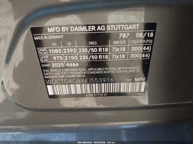 Продажа на аукционе авто 2019 Mercedes-benz Gla 250 4matic, vin: WDCTG4GBXKJ553916, номер лота: 46003355