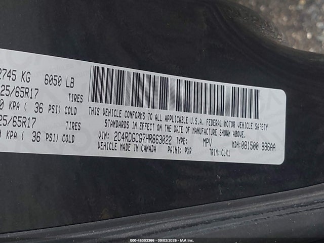 46003366 :رقم المزاد ، 2C4RDGCG7HR863022 vin ، 2017 Dodge Grand Caravan Sxt مزاد بيع