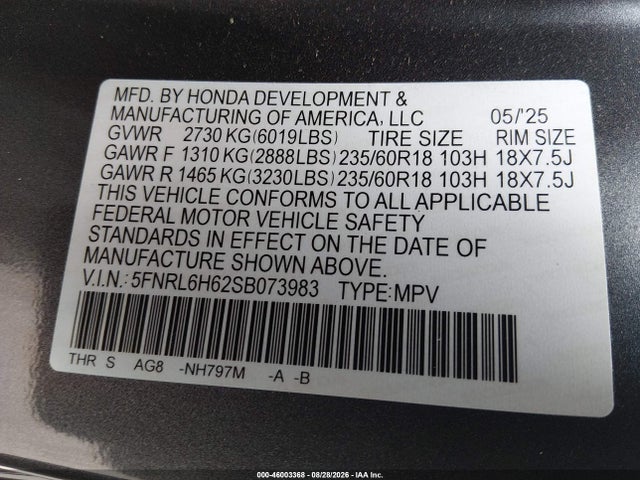 Honda Odyssey Ex-l 2025 5FNRL6H62SB073983 Image 9