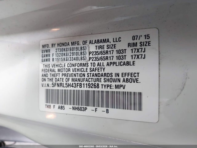 Продажа на аукционе авто 2015 Honda Odyssey Ex, vin: 5FNRL5H43FB119268, номер лота: 46003380