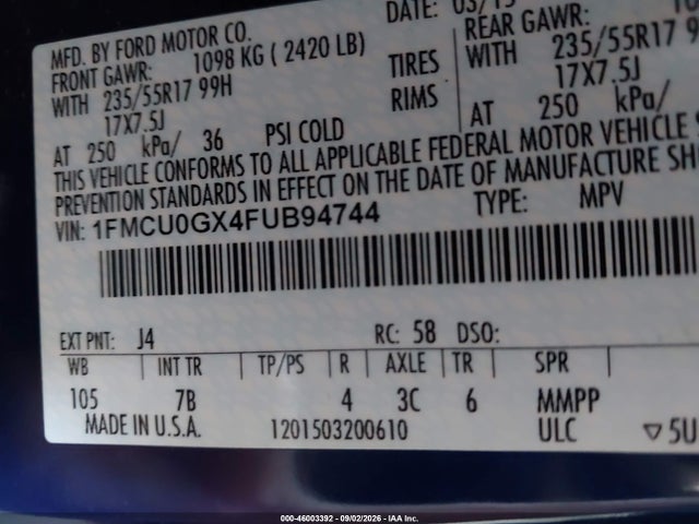 Auction sale of the 2015 Ford Escape Se, vin: 1FMCU0GX4FUB94744, lot number: 46003392