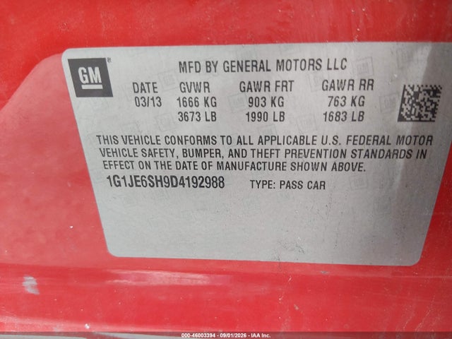 Aukcja sprzedaży 2013 Chevrolet Sonic Ltz Auto, vin: 1G1JE6SH9D4192988, numer aukcji: 46003394
