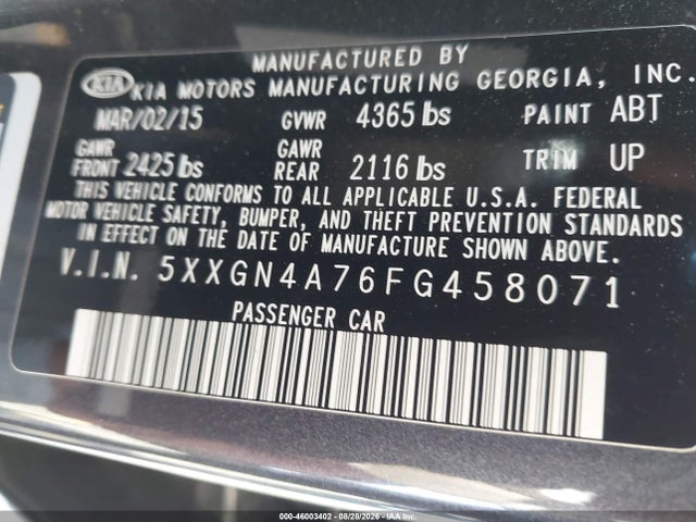 46003402 :رقم المزاد ، 5XXGN4A76FG458071 vin ، 2015 Kia Optima Ex مزاد بيع