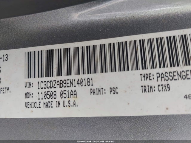46003404 :رقم المزاد ، 1C3CDZAB9EN140181 vin ، 2014 Dodge Avenger Se مزاد بيع
