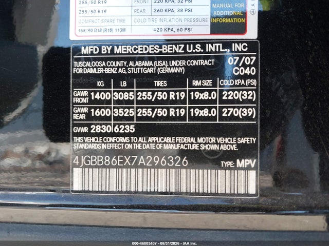 Aukcja sprzedaży 2007 Mercedes-benz Ml 350 4matic, vin: 4JGBB86EX7A296326, numer aukcji: 46003407