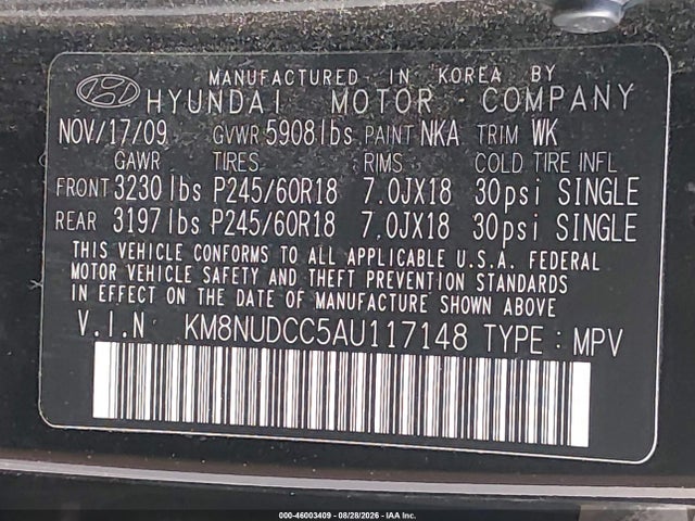 Aukcja sprzedaży 2010 Hyundai Veracruz Limited, vin: KM8NUDCC5AU117148, numer aukcji: 46003409