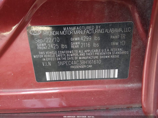 2011 Hyundai Sonata Limited მანქანა იყიდება აუქციონზე, vin: 5NPEC4AC3BH161610, აუქციონის ნომერი: 46003420