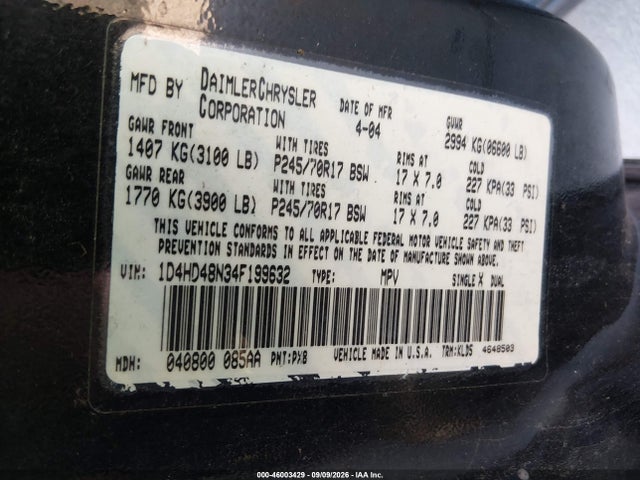Продажа на аукционе авто 2004 Dodge Durango Slt, vin: 1D4HD48N34F199632, номер лота: 46003429