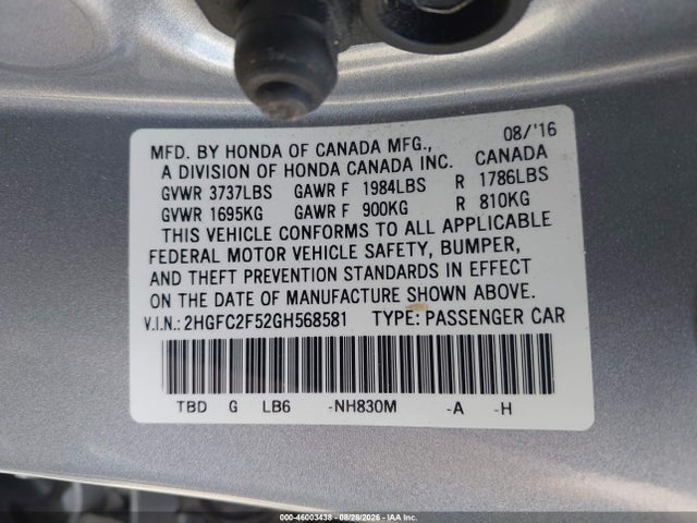 Honda Civic Lx 2016 2HGFC2F52GH568581 Image 9