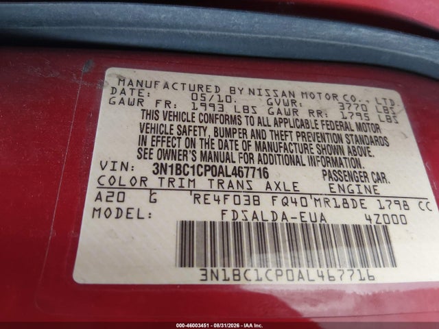 2010 Nissan Versa 1.8s მანქანა იყიდება აუქციონზე, vin: 3N1BC1CP0AL467716, აუქციონის ნომერი: 46003451