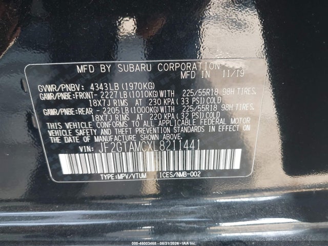 Продаж на аукціоні авто 2020 Subaru Crosstrek Limited, vin: JF2GTAMCXL8211441, номер лоту: 46003468