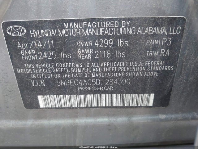 2011 Hyundai Sonata Se მანქანა იყიდება აუქციონზე, vin: 5NPEC4AC5BH284390, აუქციონის ნომერი: 46003471