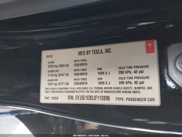 Продаж на аукціоні авто 2018 Tesla Model 3 Long Range/performance, vin: 5YJ3E1EB2JF112896, номер лоту: 46003473