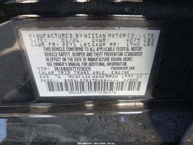 2026 Nissan Sentra Sv მანქანა იყიდება აუქციონზე, vin: 3N1AB9CV7TY236376, აუქციონის ნომერი: 46003474