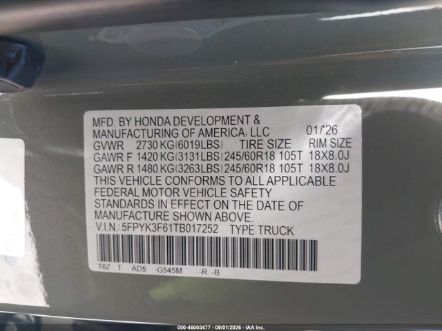 5FPYK3F61TB017252 Honda Ridgeline Trailsport