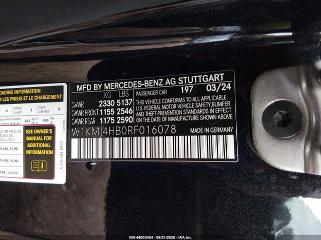 46003494 :رقم المزاد ، W1KMJ4HB0RF016078 vin ، 2024 Mercedes-benz Cle 300 4matic مزاد بيع