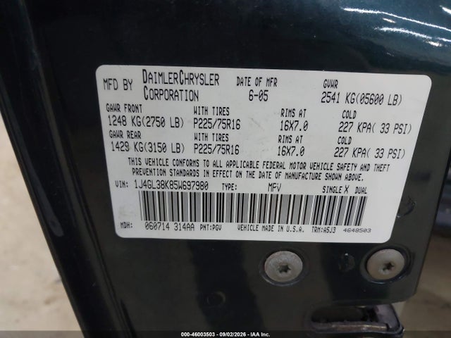 46003503 :رقم المزاد ، 1J4GL38K85W697980 vin ، 2005 Jeep Liberty Renegade مزاد بيع