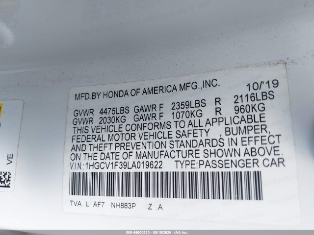 1HGCV1F39LA019622 Honda Accord Sport