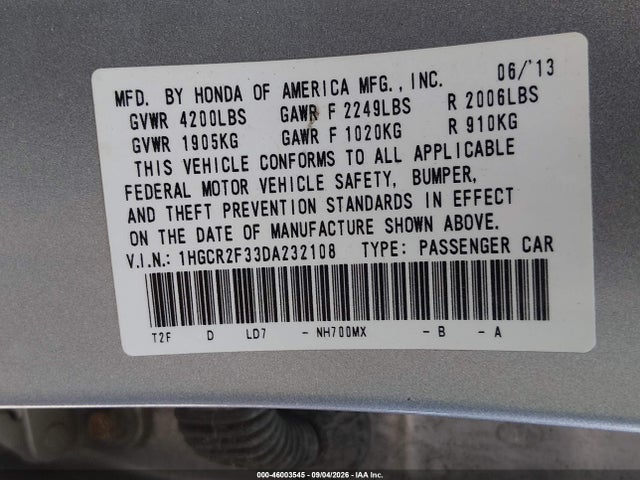 Продаж на аукціоні авто 2013 Honda Accord Lx, vin: 1HGCR2F33DA232108, номер лоту: 46003545