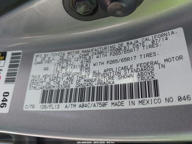 Aukcja sprzedaży 2014 Toyota Tacoma Base V6, vin: 3TMLU4EN8EM163366, numer aukcji: 46003549