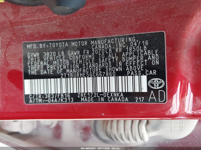 2016 Toyota Corolla Le მანქანა იყიდება აუქციონზე, vin: 2T1BURHE5GC667860, აუქციონის ნომერი: 46003551