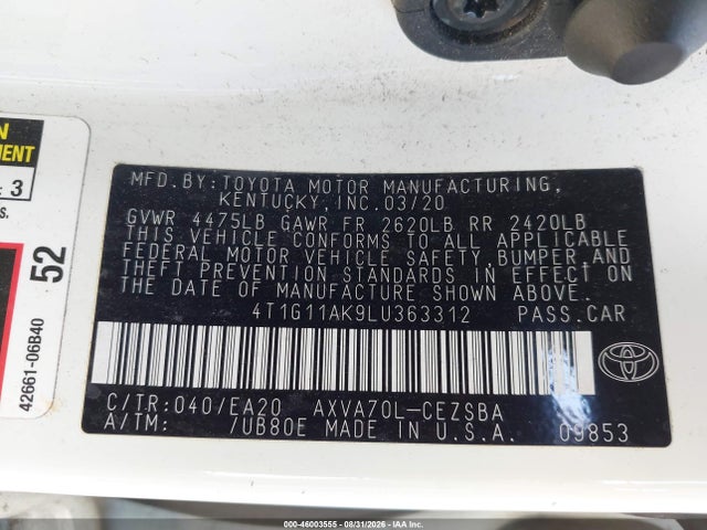 46003555 :رقم المزاد ، 4T1G11AK9LU363312 vin ، 2020 Toyota Camry Se مزاد بيع